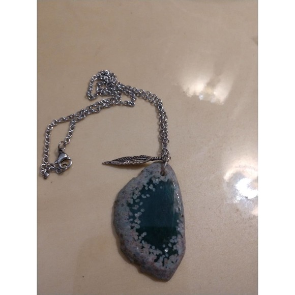 Blue stone Necklace w feather charm boho - Picture 7 of 12